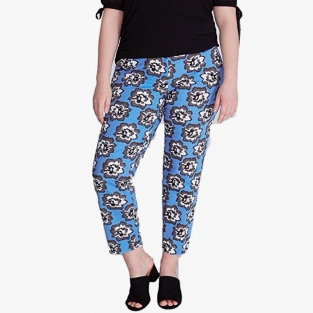 LANE BRYANT LENA MODERNIST FLORAL BLUE GRAY WHITE ELASTIC WAIST PANTS SZ 24